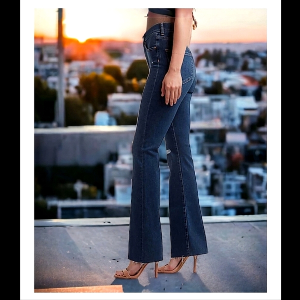 NWOT Express High Waisted Ripped Raw Hem Supersoft Flare Jeans